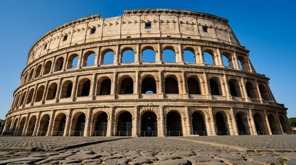 Fototapeta premium Ancient Roman Colosseum under clear blue sky. Historic amphitheater landmark in bright daylight for travel and history projects.