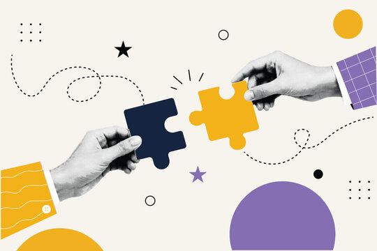 Halftone Collage with Two Hands Connecting Puzzle Pieces. Teamwork and Partnership Concept. Business Collaboration and Solution in Retro Pop Art Style with Bold Geometric Elements