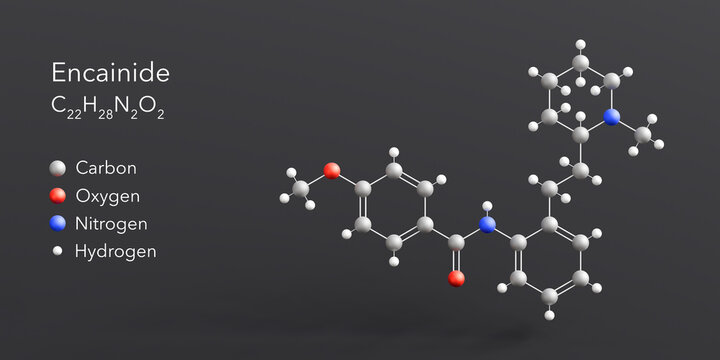encainide molecule 3d rendering, flat molecular structure with chemical formula and atoms color coding