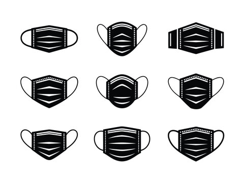 Black and white surgical face masks in different angles and positions
