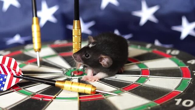 Little black rat crawls across a circular dartboard placed in front of an American flag during the daytime while carefully stepping around sharp darts to reach the middle of the game board