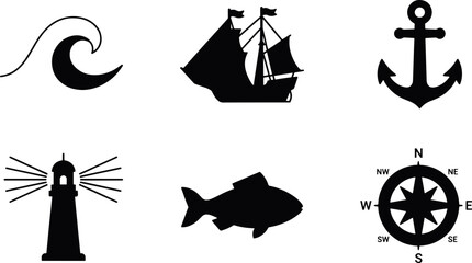 Set of nautical icons featuring ship anchor lighthouse fish and compass silhouette graphics sea life nautical theme navigation tool ocean life travel icon nautical silhouette © tecna