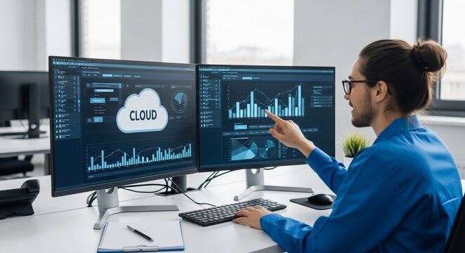 Cloud engineer reviews complex data analytics and charts on dual computer monitors in a modern office setting