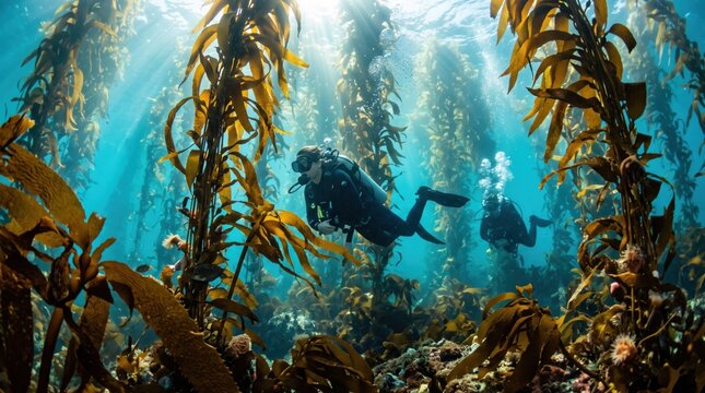 Scuba divers exploring vibrant kelp forest depths