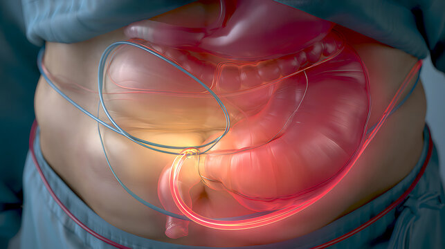 The divided gastric pouch and loop of jejunum are visible.
