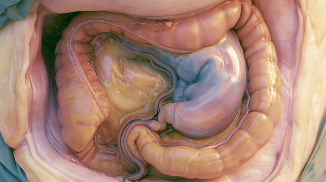 The divided gastric pouch and the loop of jejunum are visible, and the operating room is brightly lit.