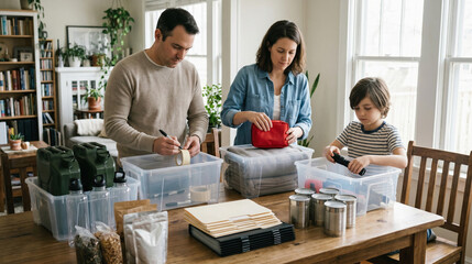 Fototapeta premium Putting Together a Family Climate Crisis Response Kit With Labeled Storage Bins