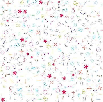 Playful seamless pattern featuring colorful numbers, mathematical symbols, punctuation marks, and typographic elements scattered across. This modern educational vector design is perfect for school-the