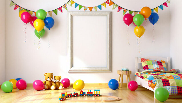 Empty picture frame on wall in colorful child bedroom with balloons and toys balloons children