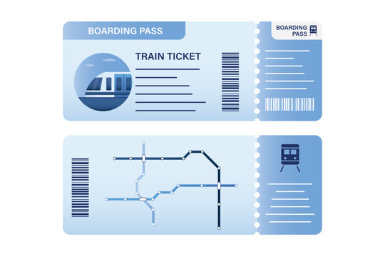 Front and back sides of blue train ticket and boarding pass with route map, barcode and locomotive icon. Comfortable railway travel with ticket. Boarding pass template.