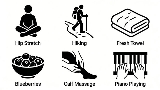 Outdoor leisure and relaxation with simple icons arranged neatly, representing the concepts of outdoor exercise, dietary supplementation, and stress relief therapy for hobbies and interests.
