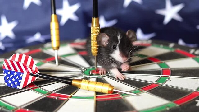 Tiny black and white rat sits patiently on a circular dartboard surrounded by metal darts with American flag patterns while facing a focused challenge in the USA