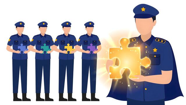 Dedicated police team holding puzzle pieces with leader holding glowing piece vector illustration symbol of law enforcement teamwork strategic leadership problem solving and justice concept