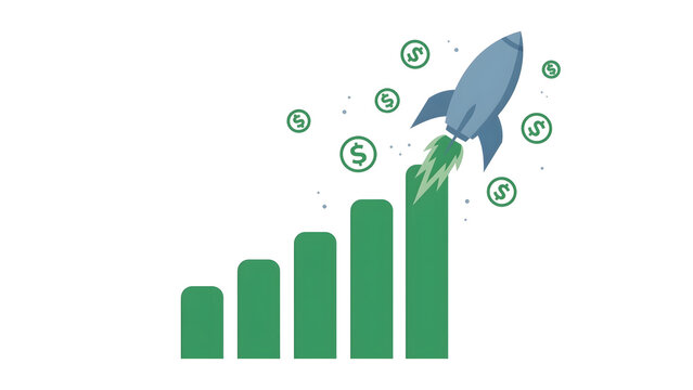 Financial growth chart with space rocket launching upward vector illustration symbol of rapid business acceleration exponential sales success market expansion and startup breakthrough concept