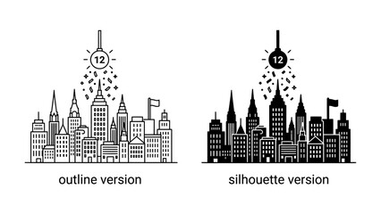 Fototapeta premium Cityscape with Lightbulb: Two contrasting depictions of a stylized cityscape, one an outline and the other a silhouette, both featuring a lightbulb above raining confetti.