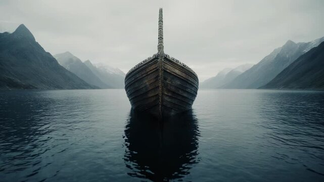 Noah's ark floating on deep flood waters. Massive wooden ship between mountain peaks under a grey sky. Biblical narrative of the great flood