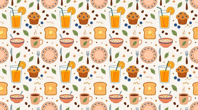 Seamless breakfast pattern with juice coffee muffins and cereal