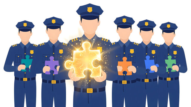 Dedicated police team holding puzzle pieces with leader holding glowing piece vector illustration symbol of law enforcement teamwork strategic leadership problem solving and justice concept
