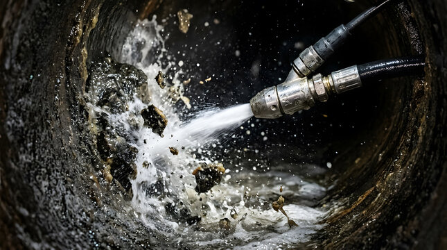 High-pressure water jetting nozzle cleaning a clogged sewer pipe removing fat and grease buildup in underground drainage system professional plumbing maintenance service industrial cleaning.