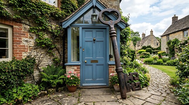 Large antique skeleton key leaning against a blue cottage door