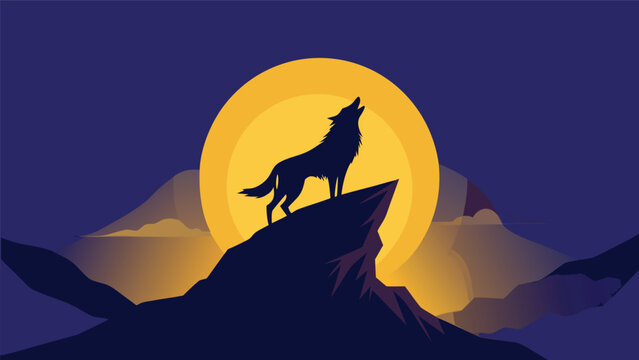Silhouette of a howling wolf on a cliff against a giant yellow full moon with silhouette wilderness mountain landscape wildlife predator twilight background illustration mysterious majestic
