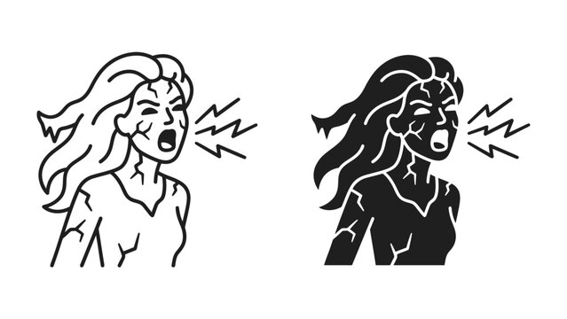 Aggressive Expression: Two stylized illustrations of a woman with her hair blowing, screaming with her mouth open and abstract lines emanating outwards, conveying anger or intense emotion.