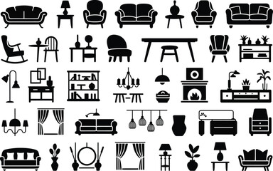 Set of various furniture silhouettes including sofas chairs lamps and home decor items with furniture silhouette interior decoration collection shelving lighting furnishing armchair © MstAsmaAkter