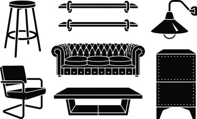 Modern industrial style furniture silhouettes featuring bar stools sofa and lighting furniture silhouette industrial interior collection isolated furnishing lighting minimalist household © MstAsmaAkter