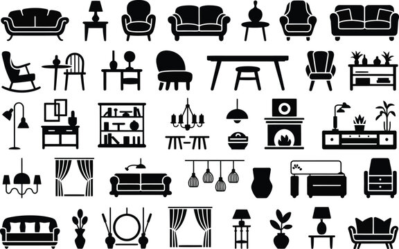 Set of various furniture silhouettes including sofas chairs lamps and home decor items with furniture silhouette interior decoration collection shelving lighting furnishing armchair