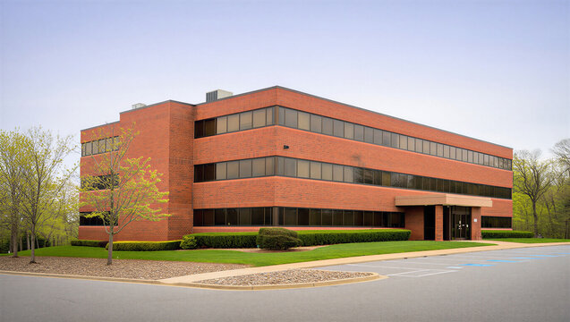 Exterior view of a traditional red brick corporate office building with real estate, low rise