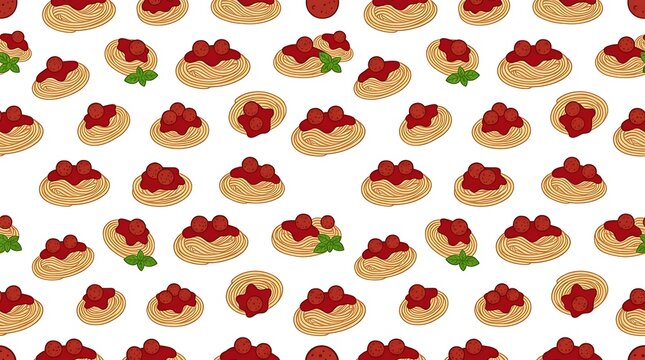 Seamless pattern with spaghetti and meatballs on white background