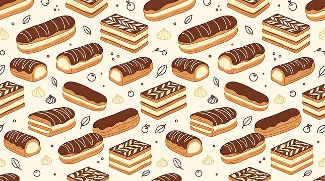 Seamless pattern of assorted french eclairs and mille feuille cakes