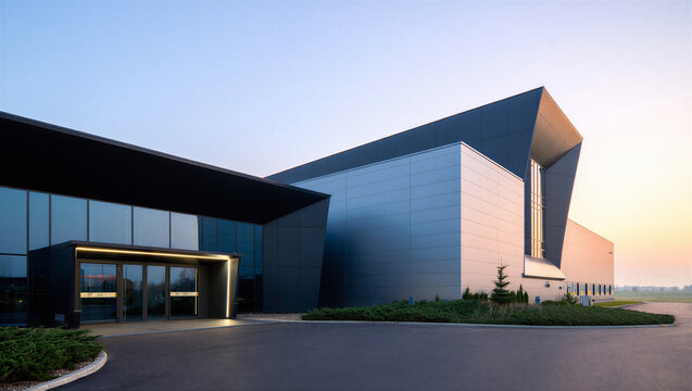 Modern industrial facility exterior at sunset with industrial building architecture manufacturing