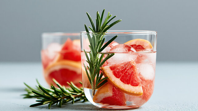 grapefruit slices and rosemary floating in sparkling water