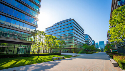 Modern corporate office buildings surrounded by greenery and pathways with building, architecture © PG Studio
