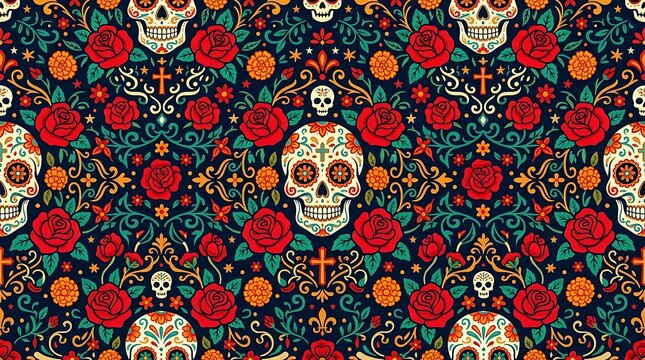 Mexican day of the dead pattern with sugar skulls and roses