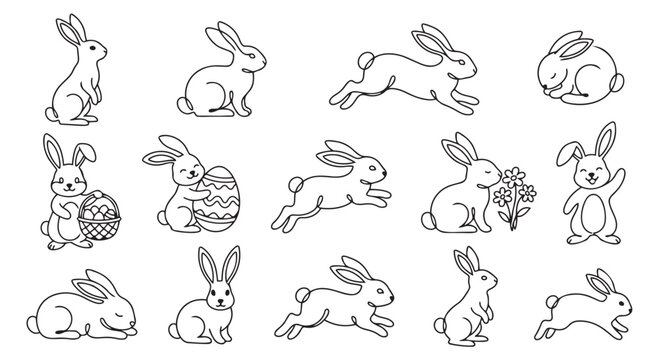 Set of hand drawn easter bunny illustrations in various poses and actions with illustration, collection
