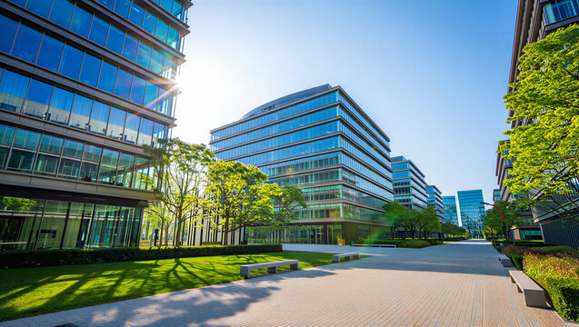 Modern corporate office buildings surrounded by greenery and pathways with building, architecture