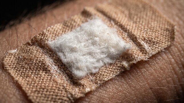 Close-up of an adhesive bandage showcasing breathable fabric texture, absorbent wound pad, flexible adhesive edges, and premium medical quality with sharp macro detail.