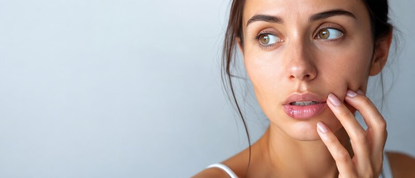 Young woman with a cold sore on her lip looking concerned while touching her banner format