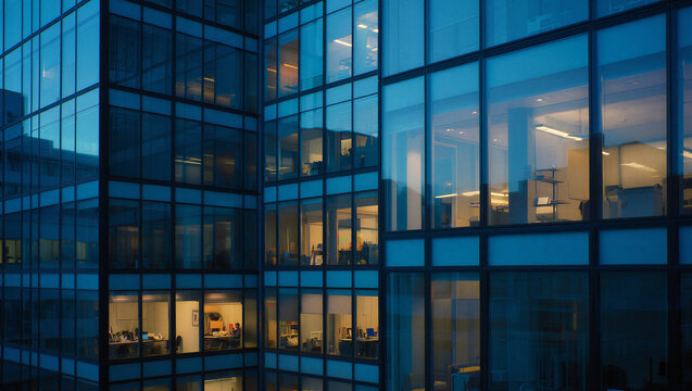 Modern office building glass facade at night with illuminated interior building interior business