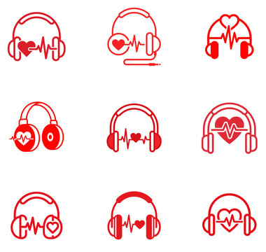 Vector illustration set of red line art headphones with heartbeat, isolated on white background