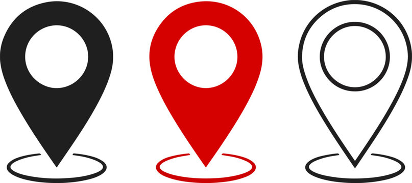 Set of three map pointer icons in black and red outlines with location navigation destination geography