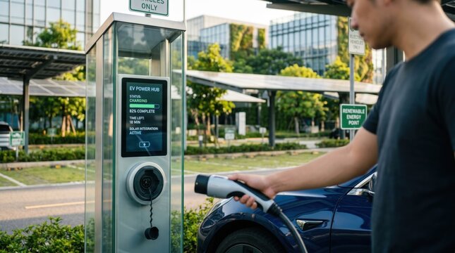 Electric vehicle charging at renewable energy station, sustainable transportation and green technology concept with solar panels in urban environment promoting eco-friendly mobi...