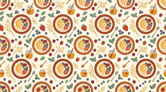 Breakfast seamless pattern with oatmeal bowls berries and honey