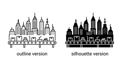 Fototapeta premium Factory Cityscape: A creative illustration depicts a cityscape composed of skyscrapers, integrated with a conveyor belt system carrying boxes, symbolizing industry and urban development.
