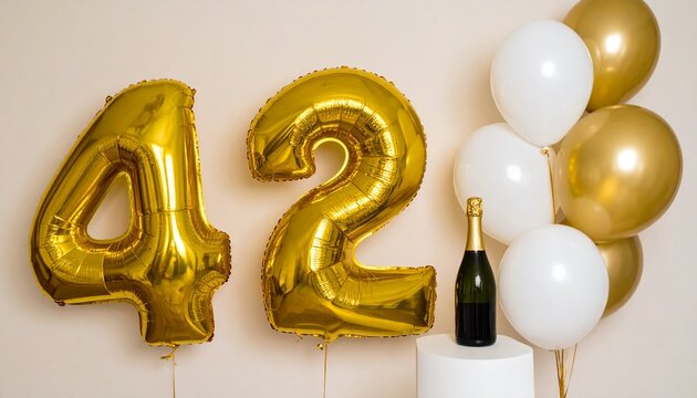Gold Number 42 Balloon with Champagne Bottle Celebration Setup