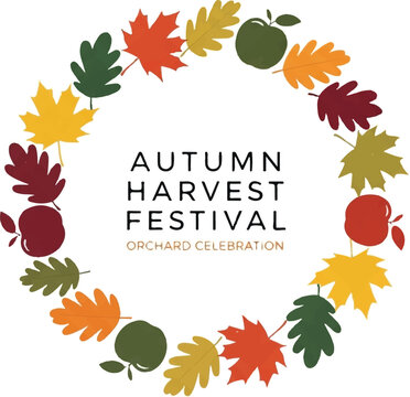 Autumn harvest festival logo with leaf ring in orchard