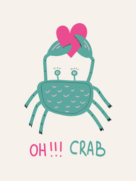 Crab Holding Heart Hand-Drawn Illustration