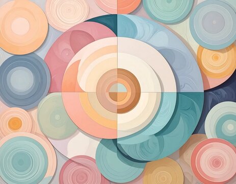 Abstract composition of concentric circles and semicircles in soft pastel colors, creating a harmonious and geometric pattern with overlapping shapes and a central divided motif.